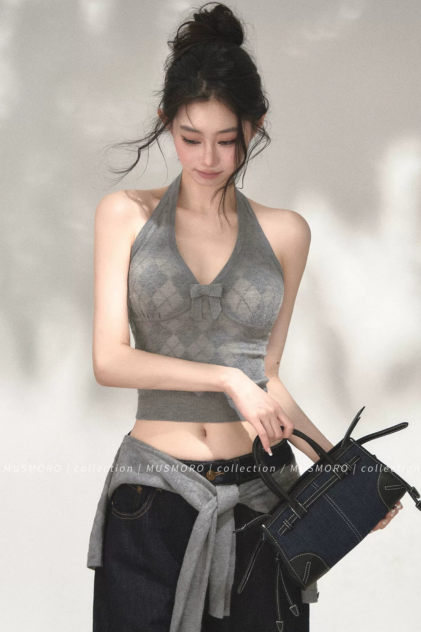 Grey Argyle Knit Cardigan With Camisole Set-Up