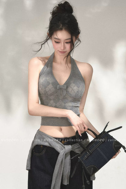 Grey Argyle Knit Cardigan With Camisole Set-Up