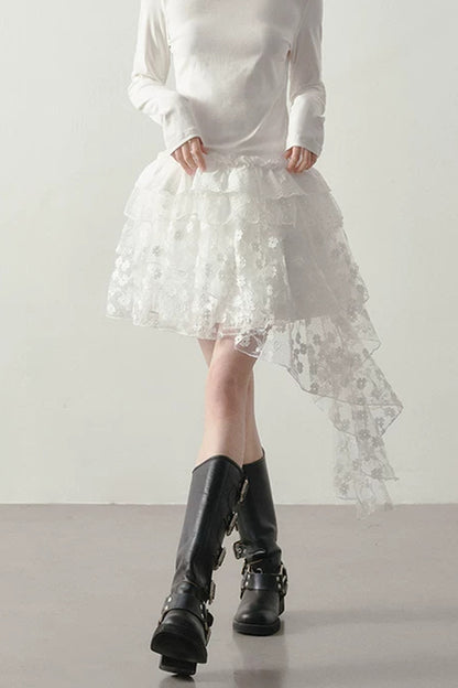 White Floral Lace Mesh High-Waisted Skirt
