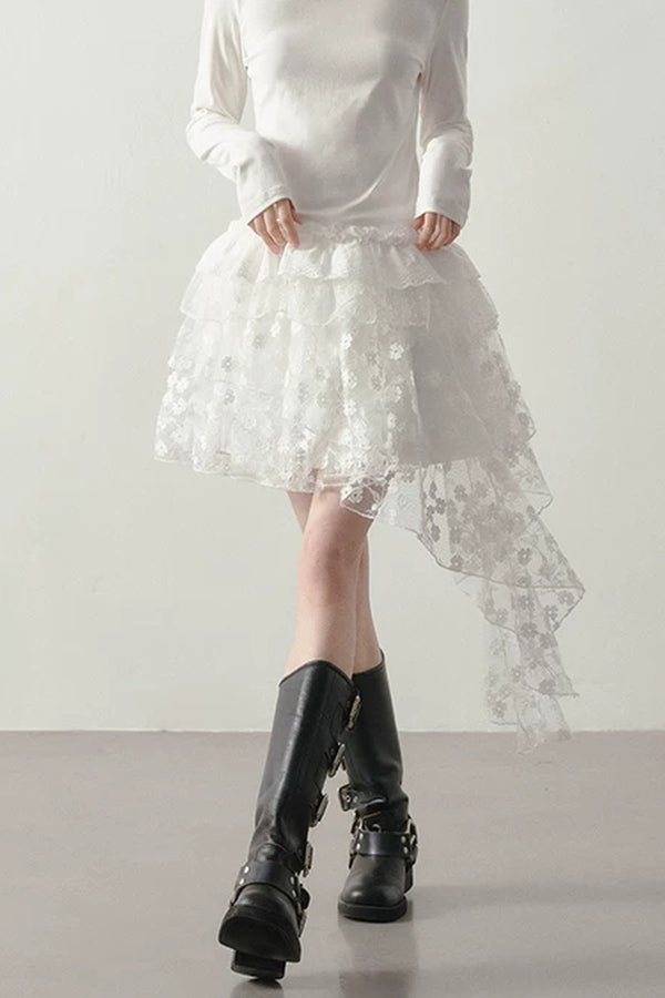 White Floral Lace Mesh High-Waisted Skirt