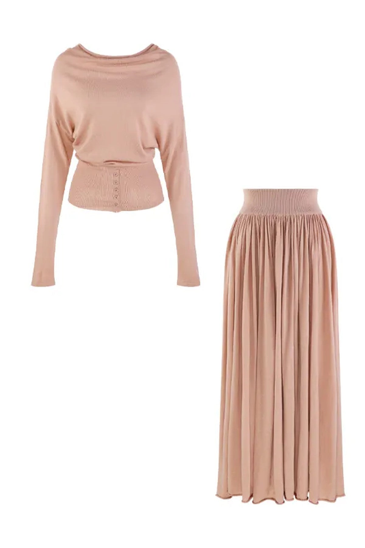 Three-Way Drape Collar Knit Shawl and Skirt Set