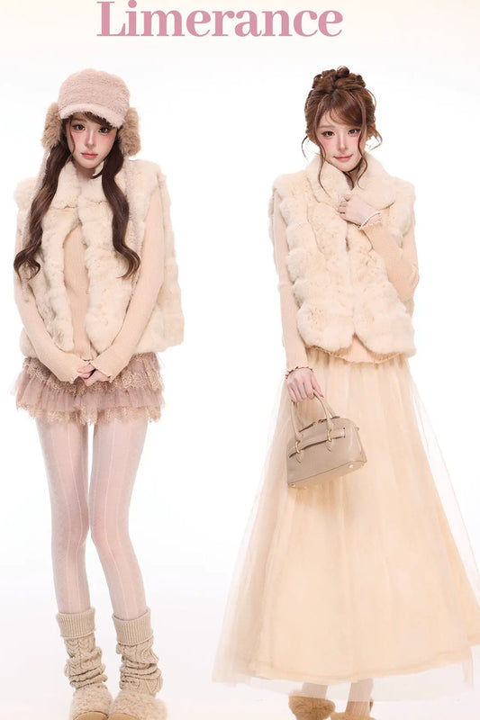 Rabbit Fur Vest and Knitted Sweater Cake Skirt Set-Up
