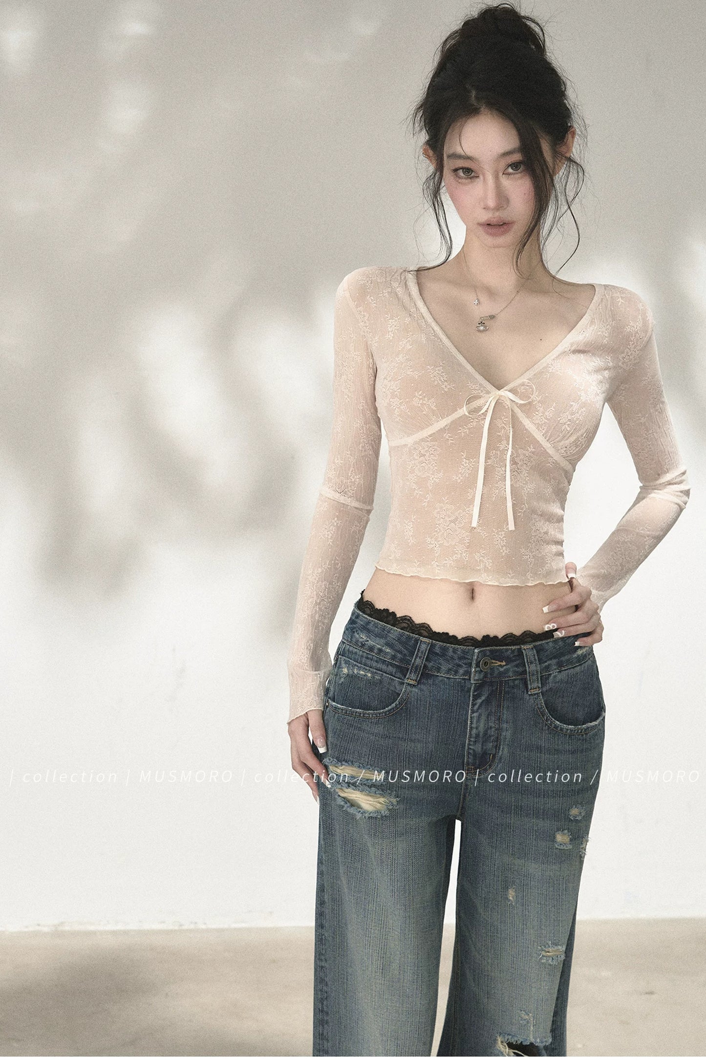 V-Neck Bow Tie Lace Top