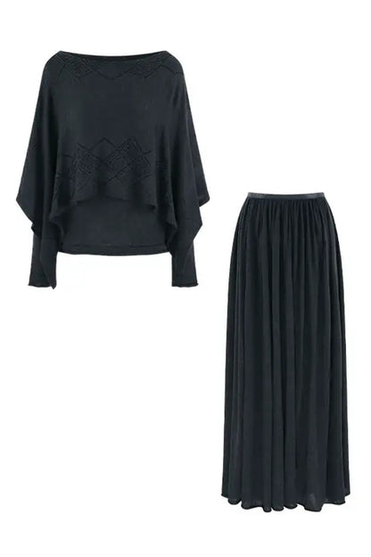 Three-Way Drape Collar Knit Shawl and Skirt Set
