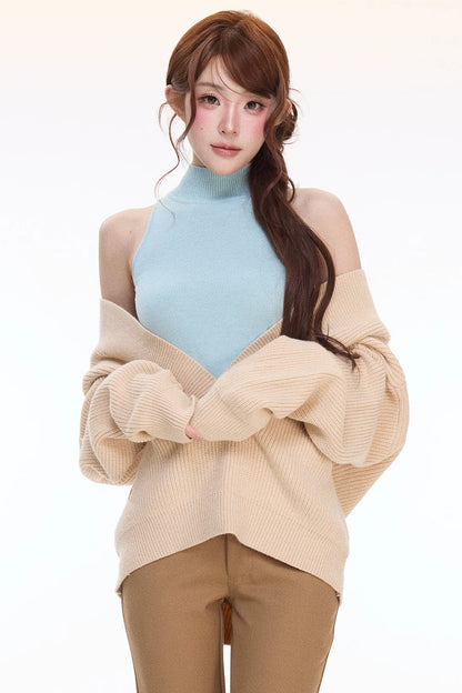 Knit Cardigan Vest Flared Pants Set-Up
