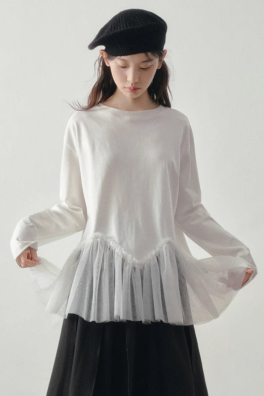 Wavy Hem Mesh Long Sleeve Top