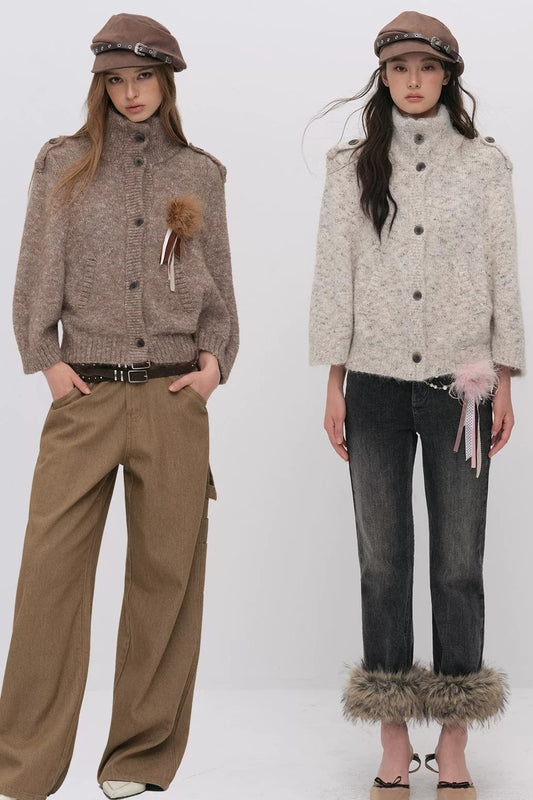 Stand Collar Corsage Knit Cardigan