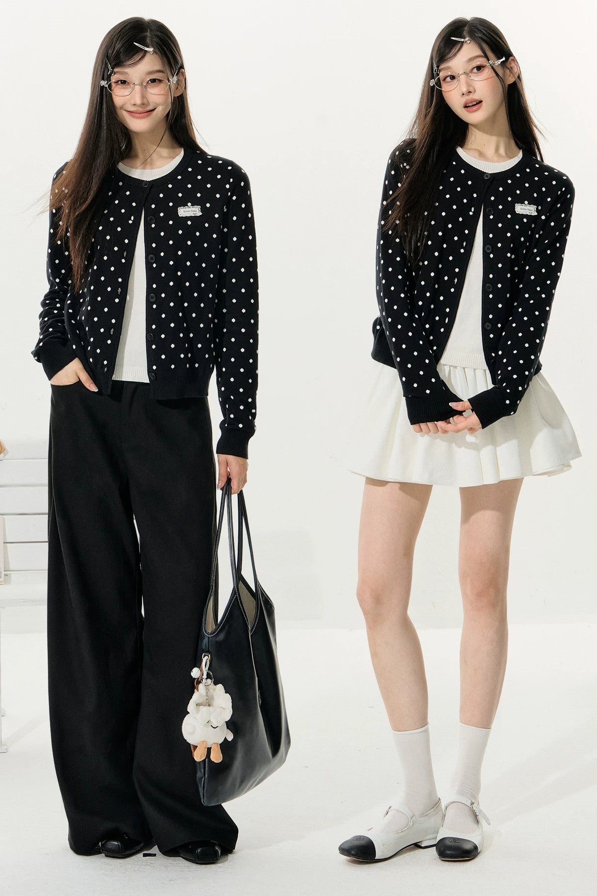 Polka Dot Knitted Cardigan and White Skirt Set-Up