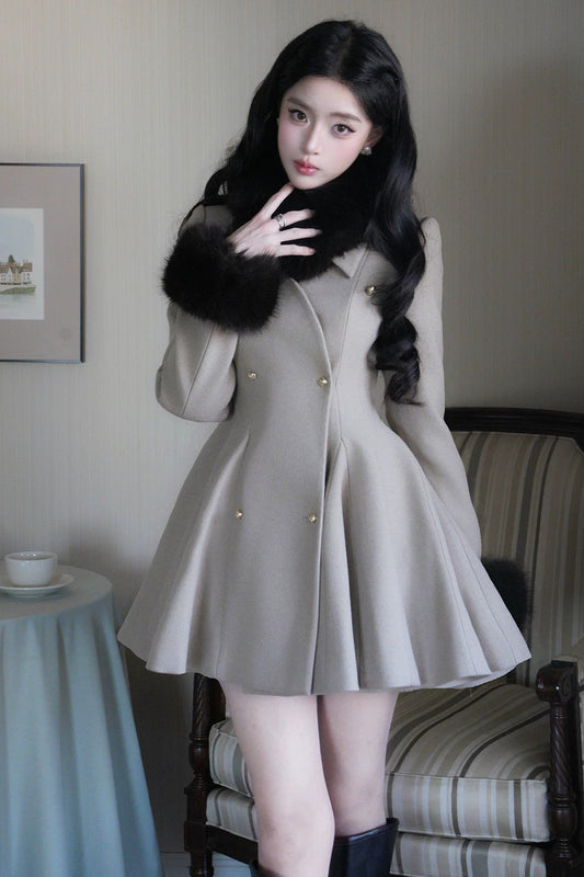 Detachable Fur Collar Double-Breasted Wool Jacket
