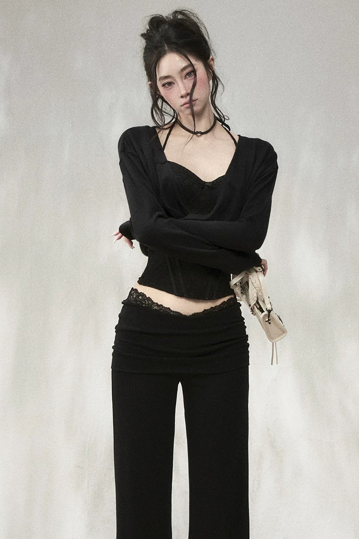 Wool Blend Layered-Look Fishbone Blouse