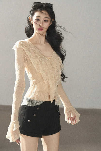 Ruffled French-Style Hollow-Out Blouse