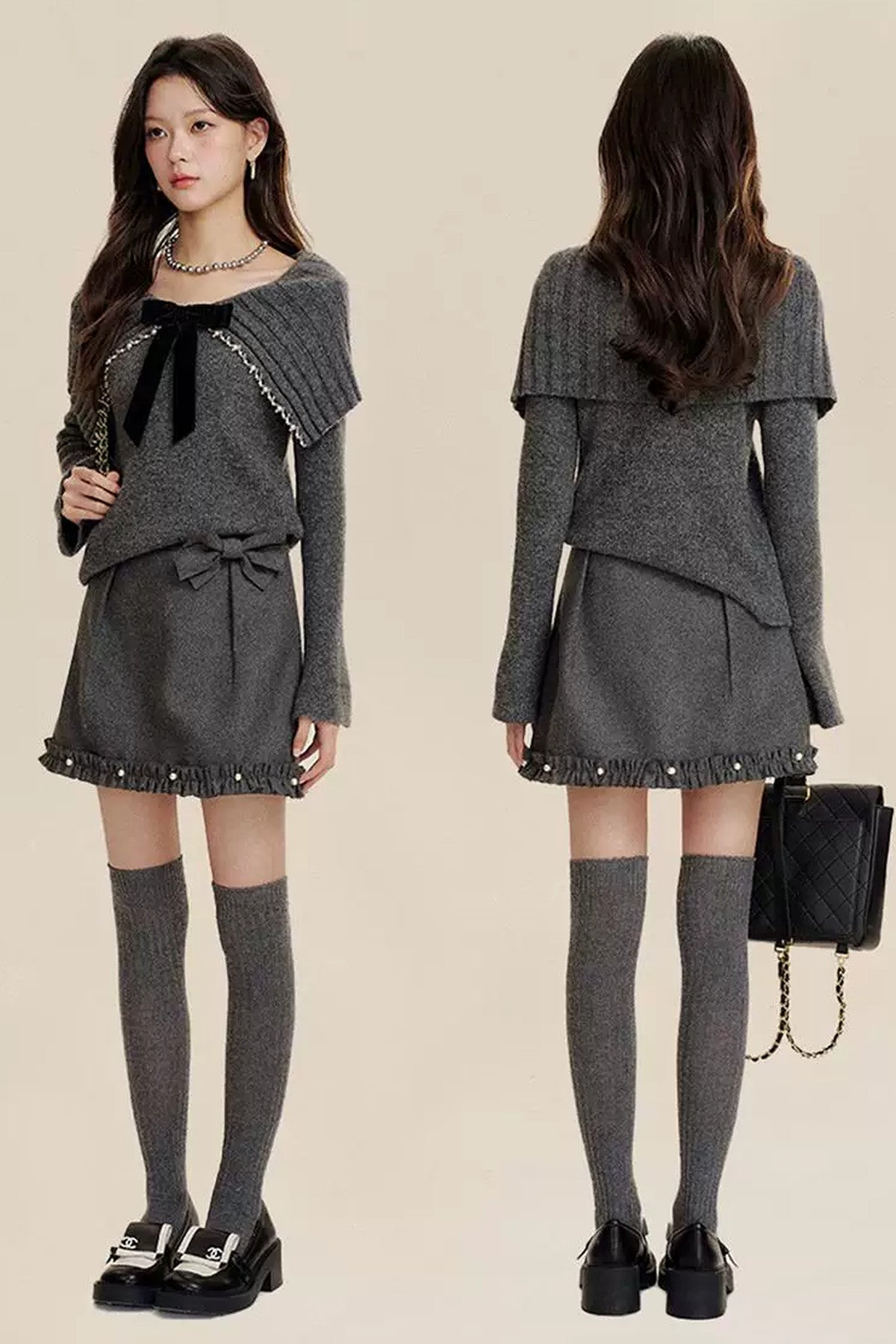 Bow-Knot Pearl Knit Sweater and Skirt Set-Up