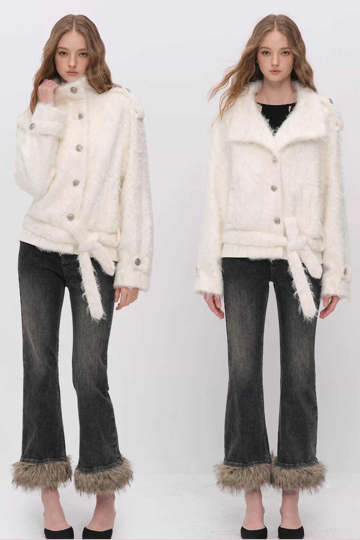 Faux Fur Diagonal Placket Tie Waist Jacket