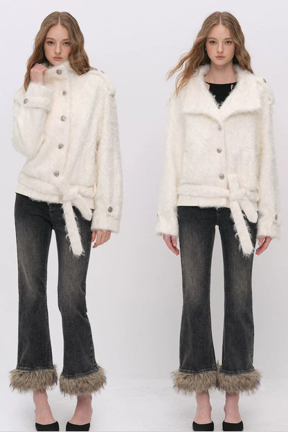 Faux Fur Diagonal Placket Tie Waist Jacket