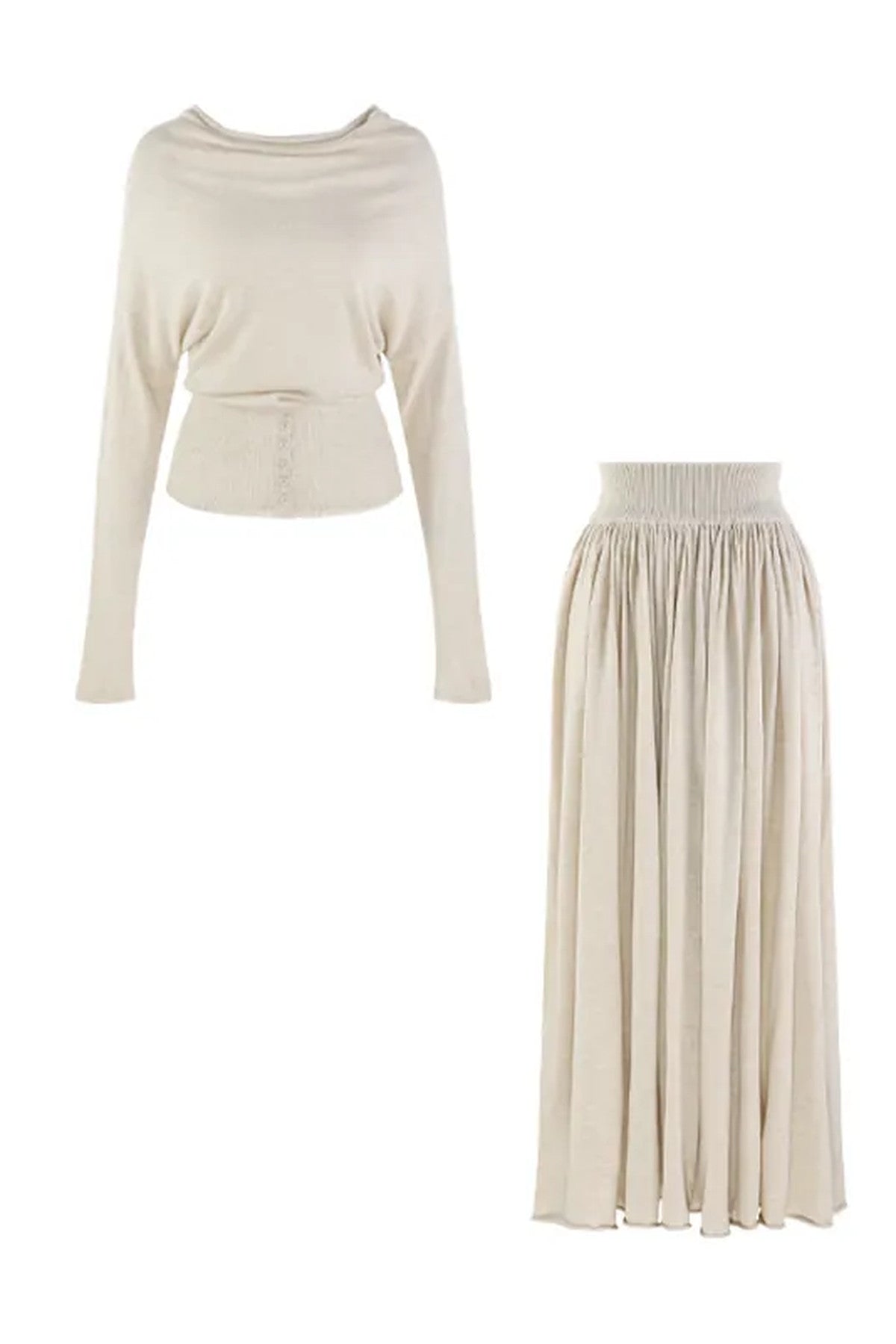 Three-Way Drape Collar Knit Shawl and Skirt Set