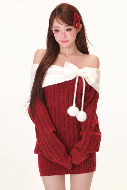Off-Shoulder Bowknot Pom-Pom Knit Dress