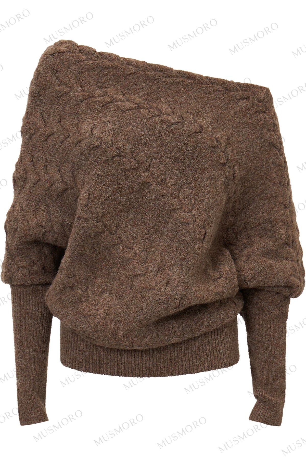 Diagonal Cable Knit Off-Shoulder Sweater