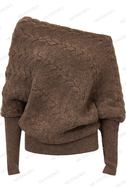 Diagonal Cable Knit Off-Shoulder Sweater