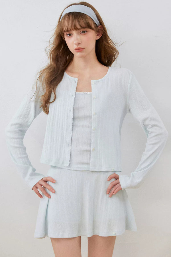 Lace Cut-Out Cardigan Cami A-Line Skirt Set-Up