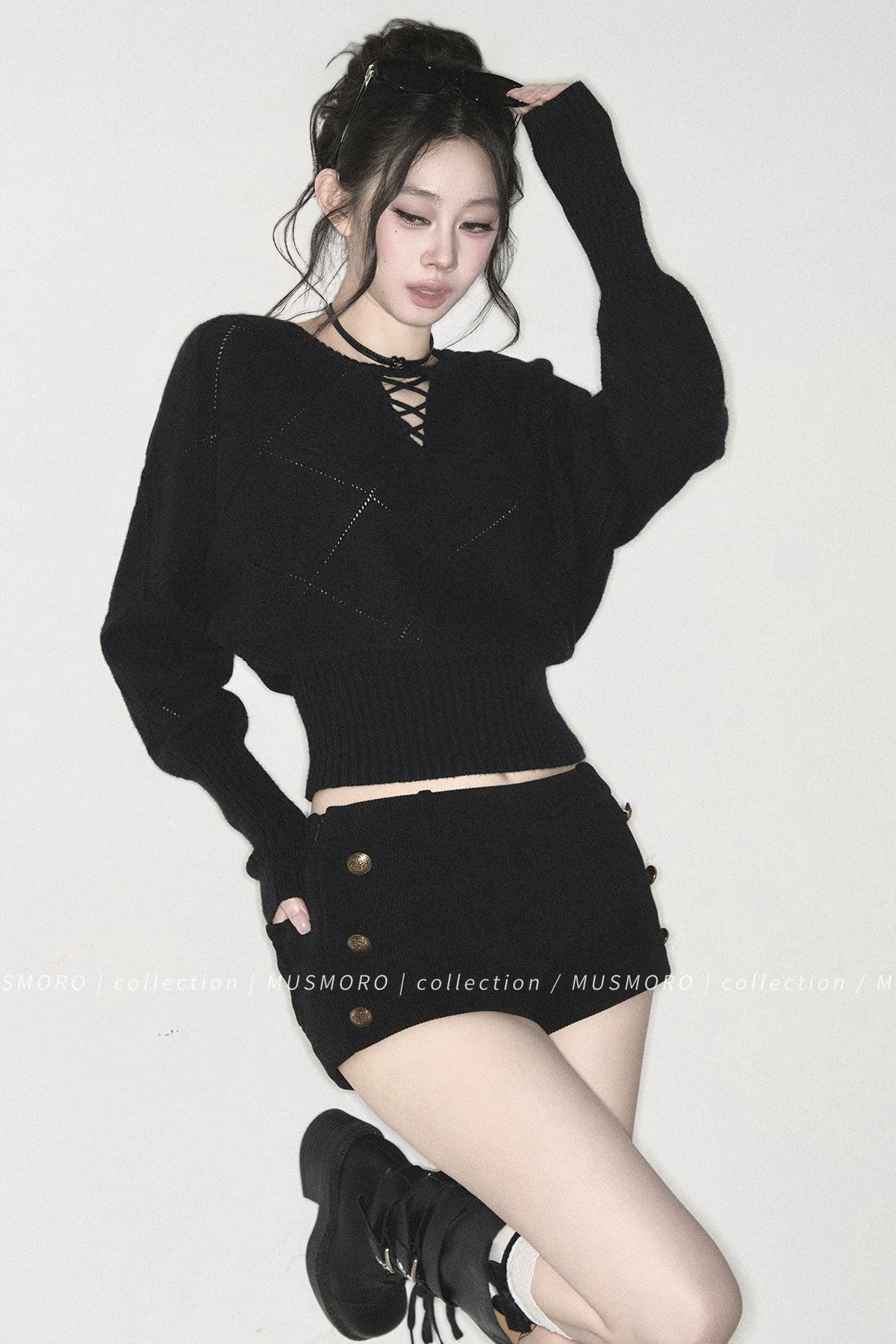 Lace-Up V-Neck Knit Top