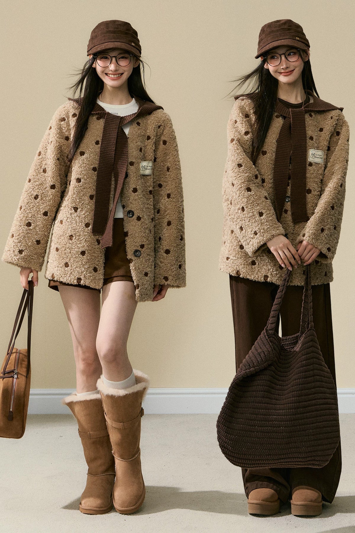Polka Dot Lamb Wool Coat and Trousers Set-Up