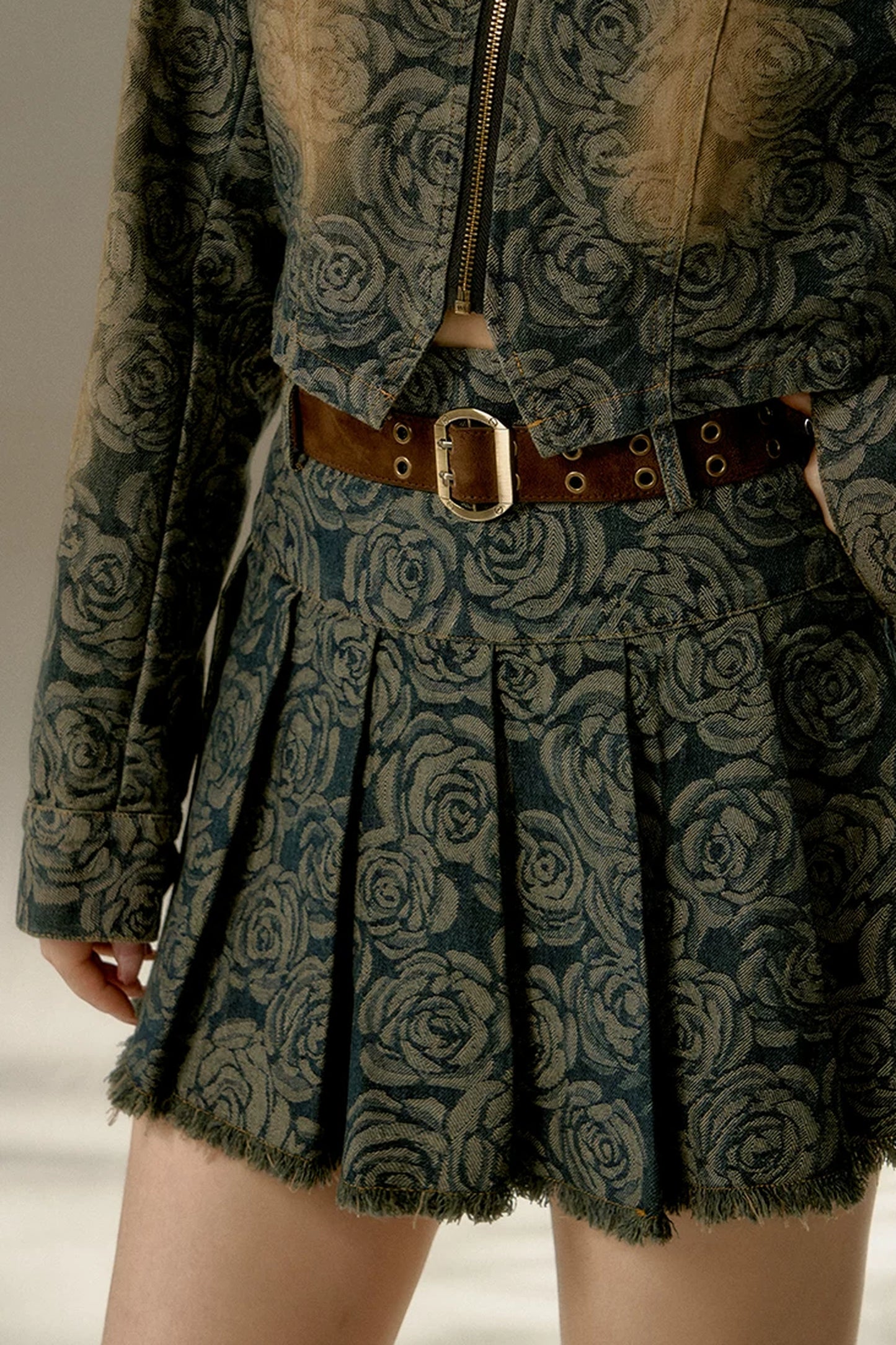 Floral Denim Skirt With Belt