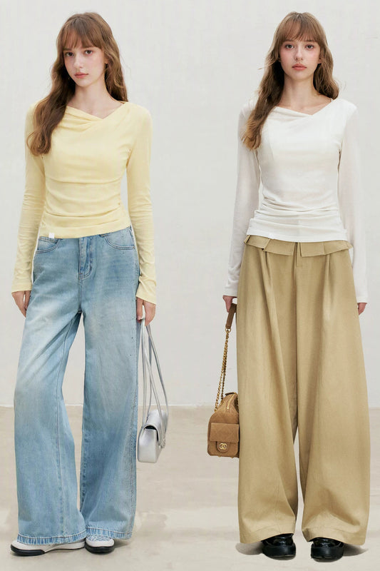 Lyocell Overlapping Pleated Long-Sleeve T-Shirt