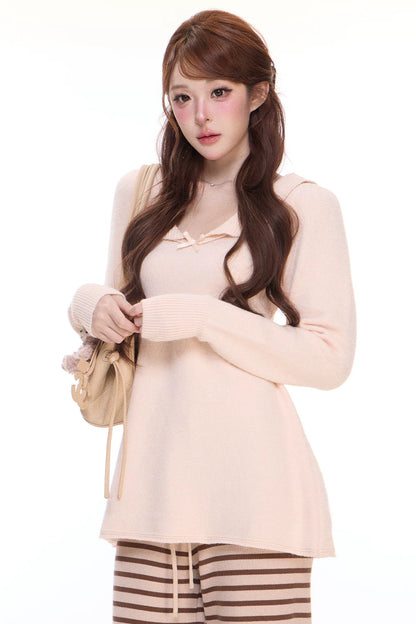 Reversible Doll Collar A-Line Knit Top and Striped Knit Pants Set-Up