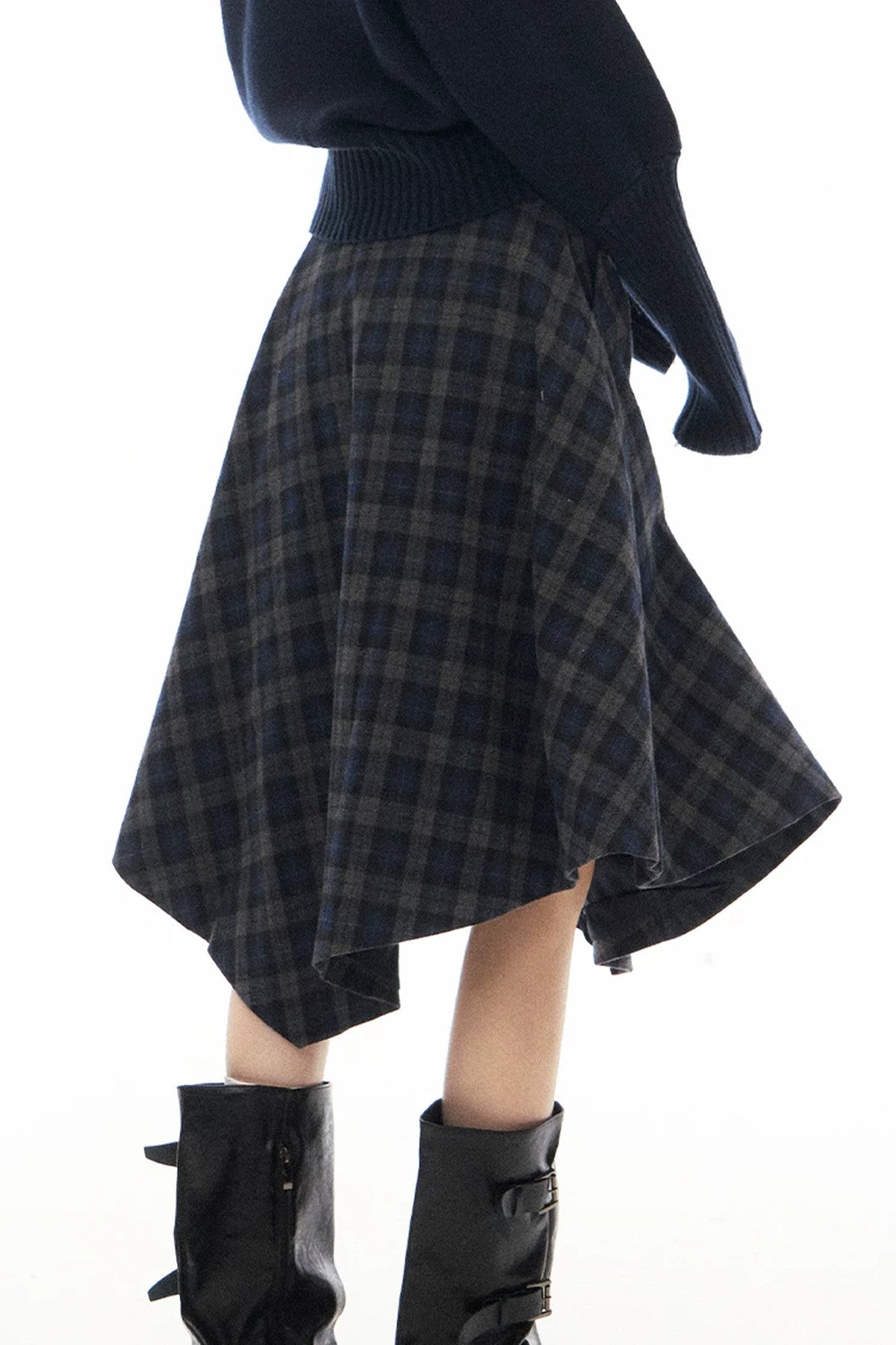Navy Blue Plaid Jacket and Skirt Set-Up