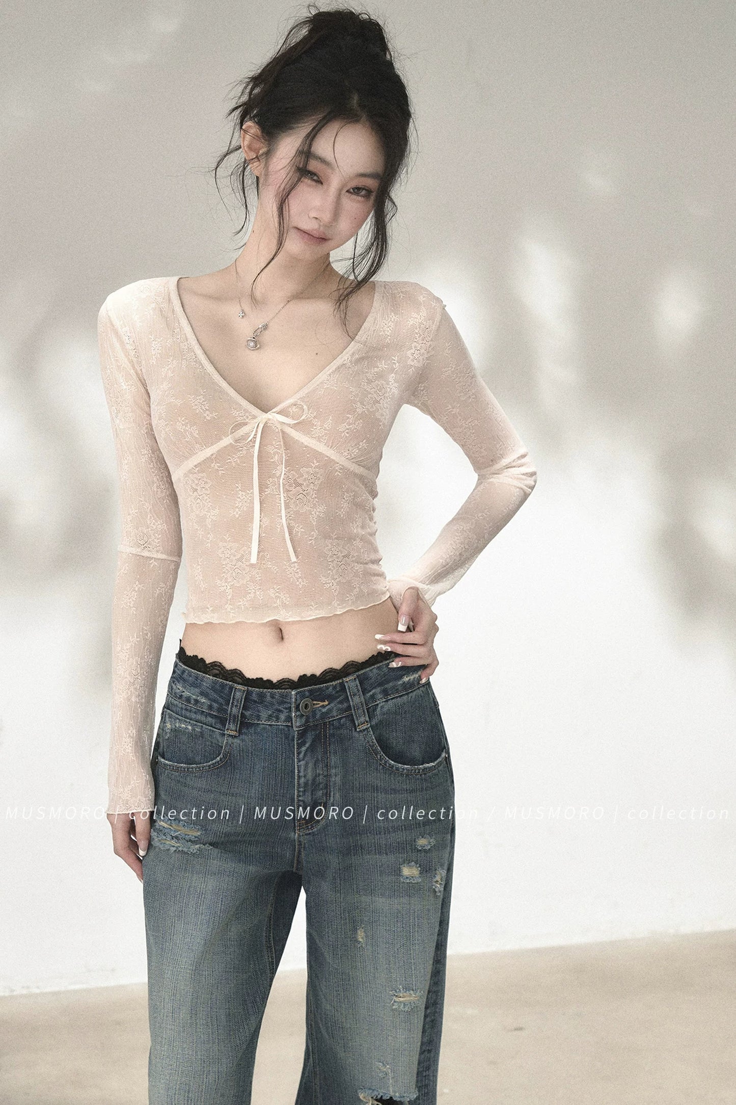 V-Neck Bow Tie Lace Top