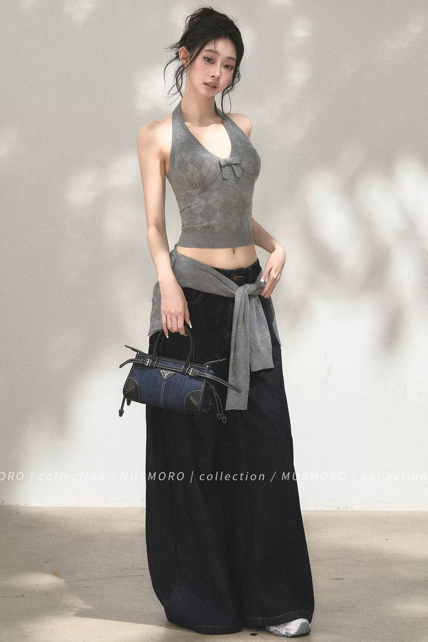 Grey Argyle Knit Cardigan With Camisole Set-Up