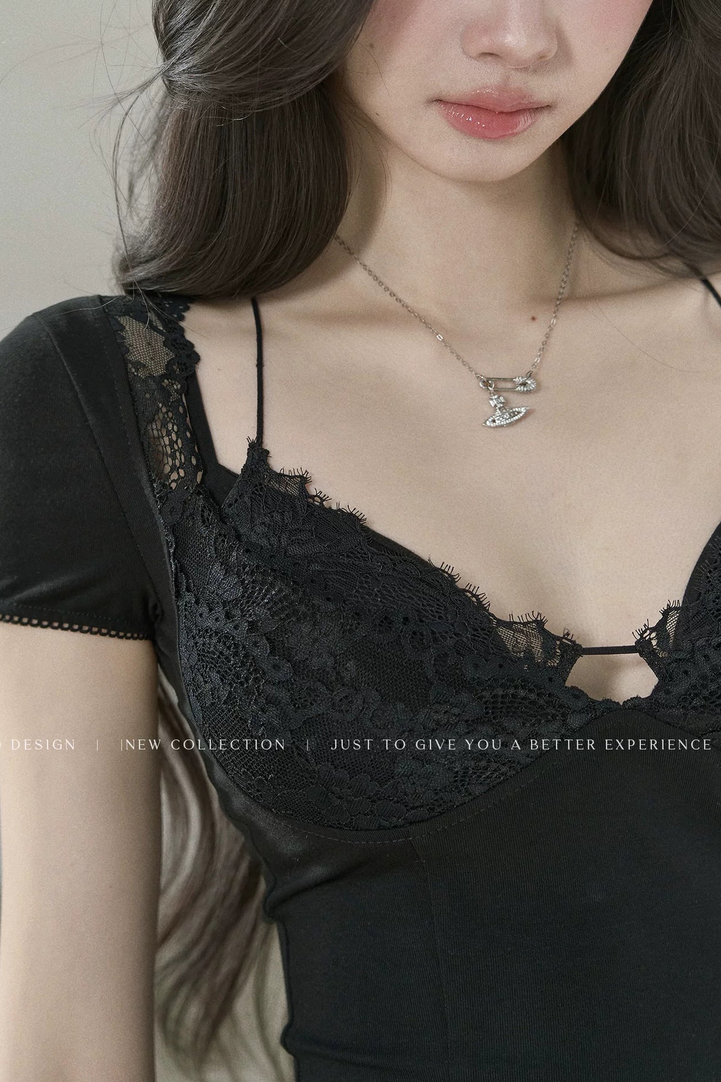 Lace Cuff Deep V-Neck Top