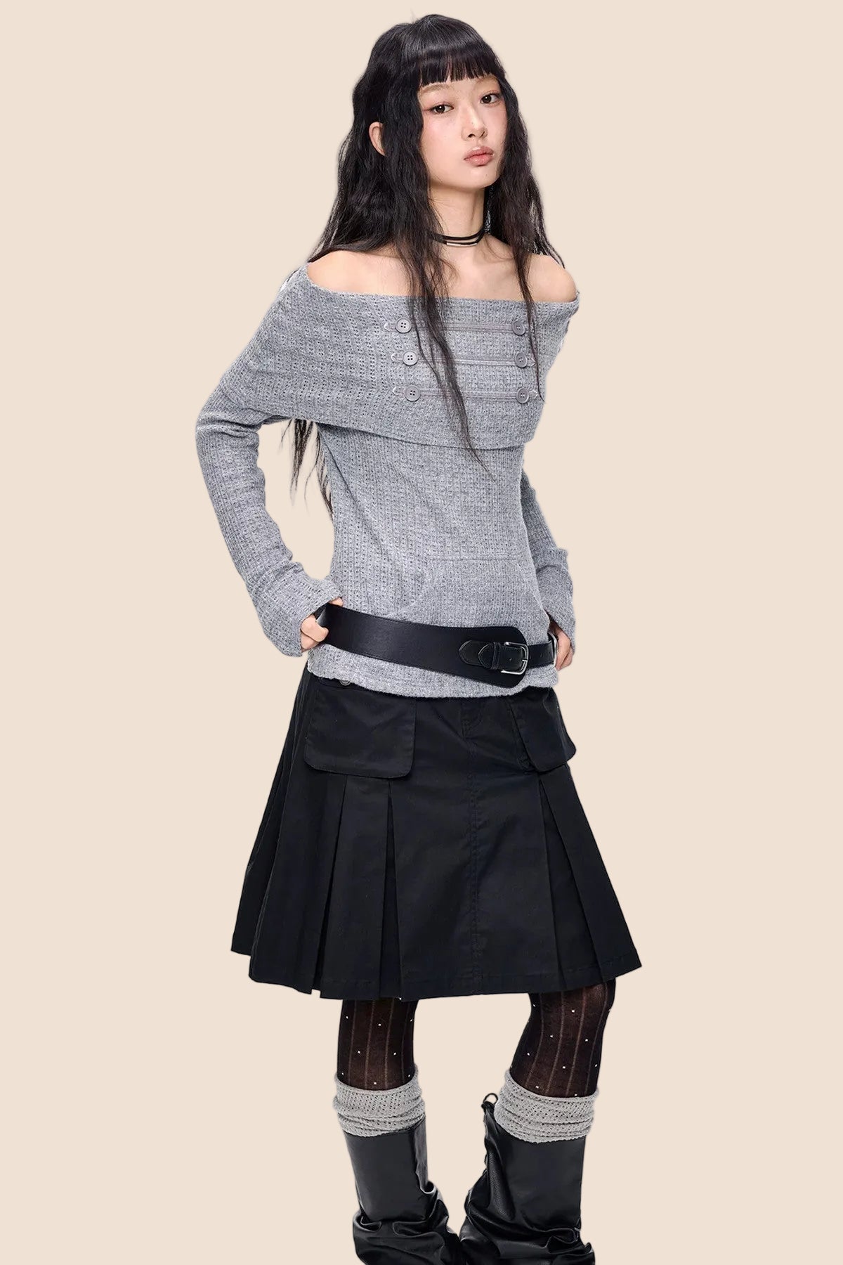Button Off-Shoulder Knit Top