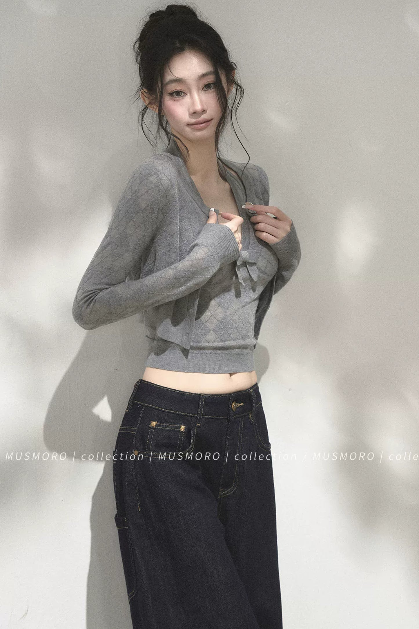 Grey Argyle Knit Cardigan With Camisole Set-Up