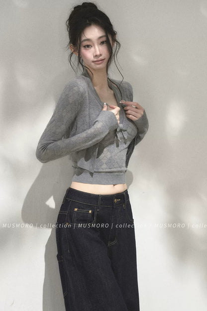 Grey Argyle Knit Cardigan With Camisole Set-Up