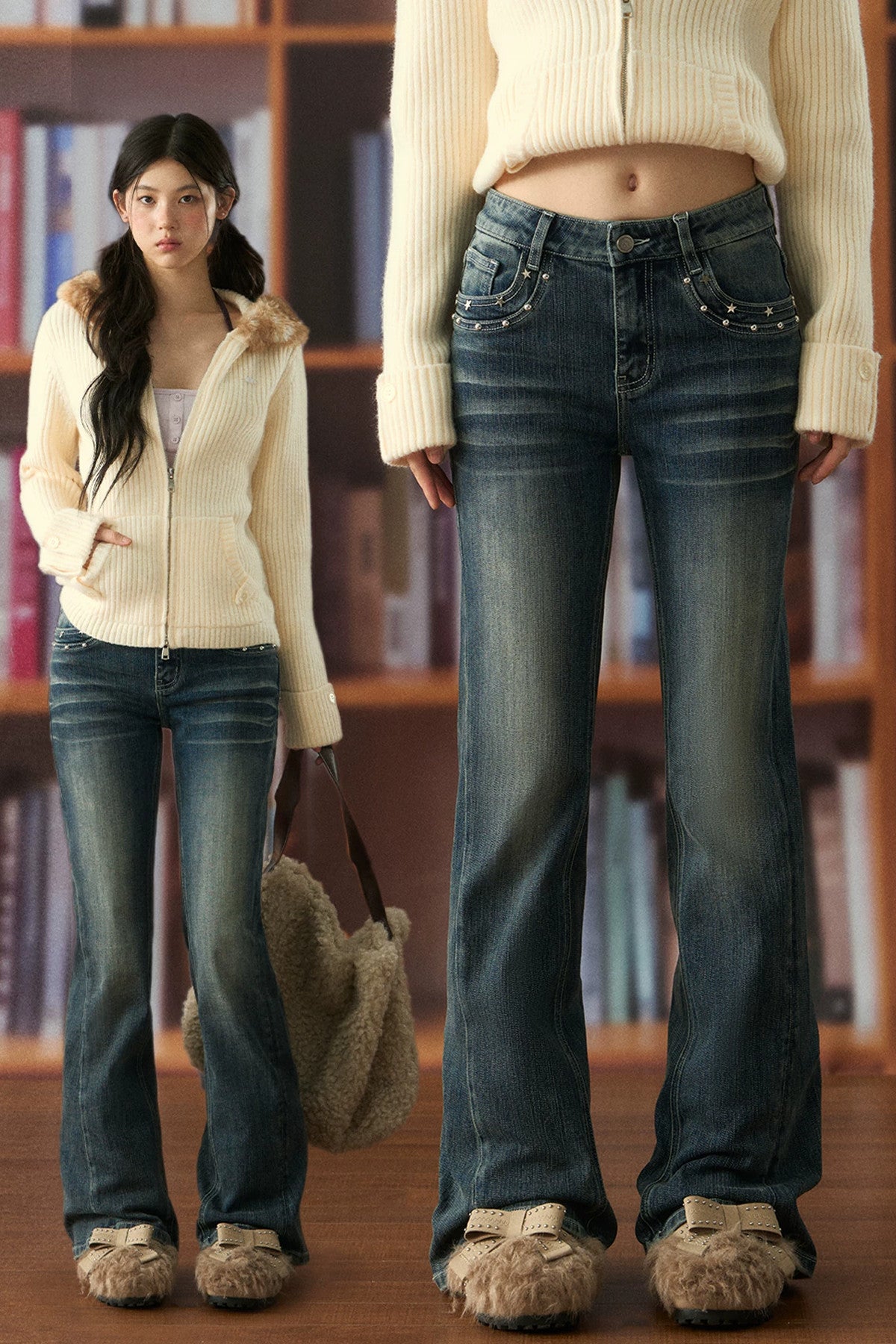 Low-Waist Star-Stud Flared Jeans