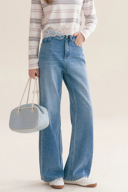 100% Cotton Folded Waistband Wide-Leg Jeans
