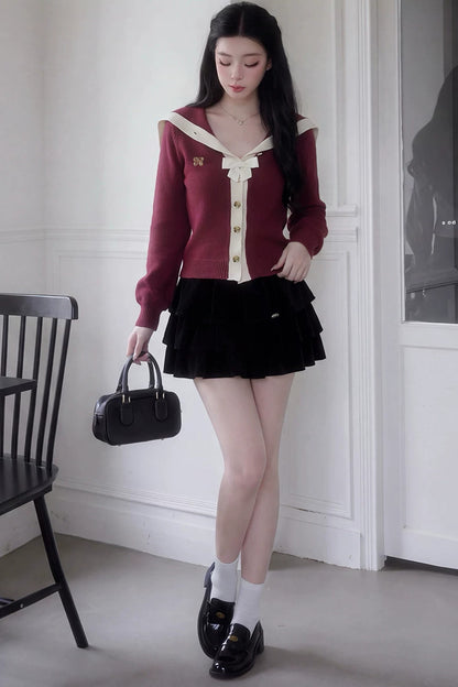 Long-Sleeved Navy Collar Bow Single-Breasted Knit Cardigan
