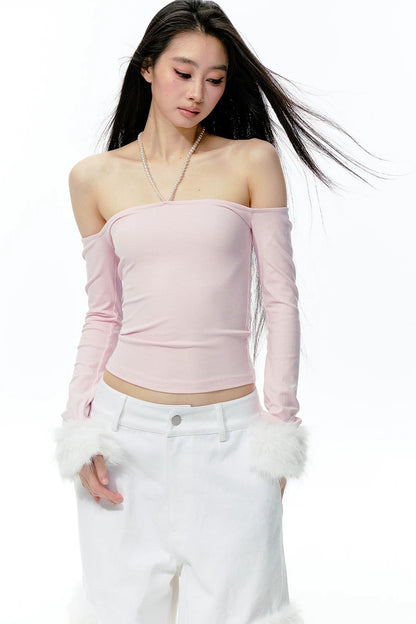 Pearl Halter Detachable Fur Knit Top