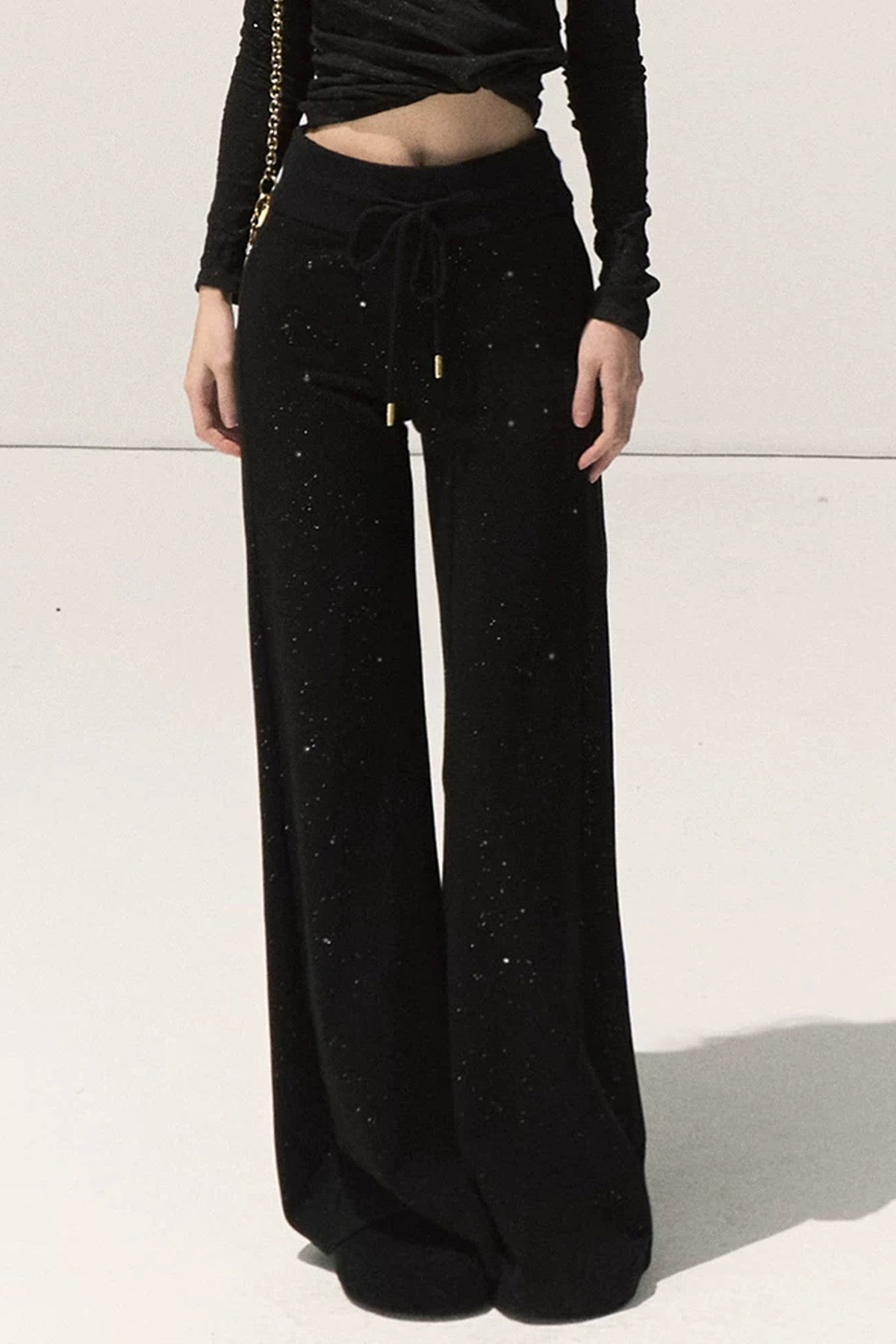 Silver-Embellished High-Waisted Wide-Leg Pants