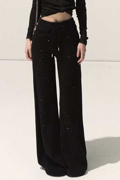 Silver-Embellished High-Waisted Wide-Leg Pants