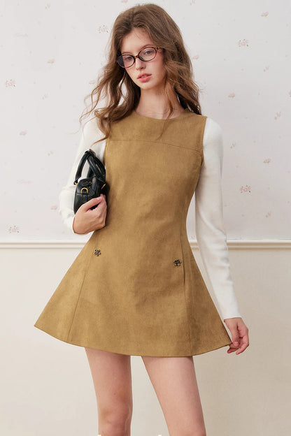Sleeveless Round Neck Suede A-Line Umbrella Dress