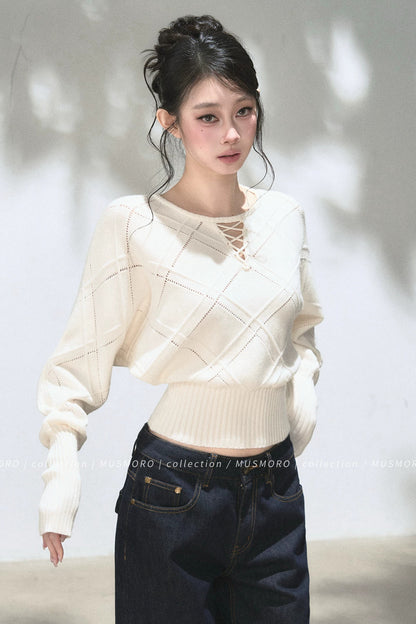 Lace-Up V-Neck Knit Top