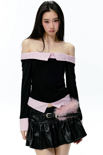 Black Pink Color-Blocked Off-Shoulder Ruched Top