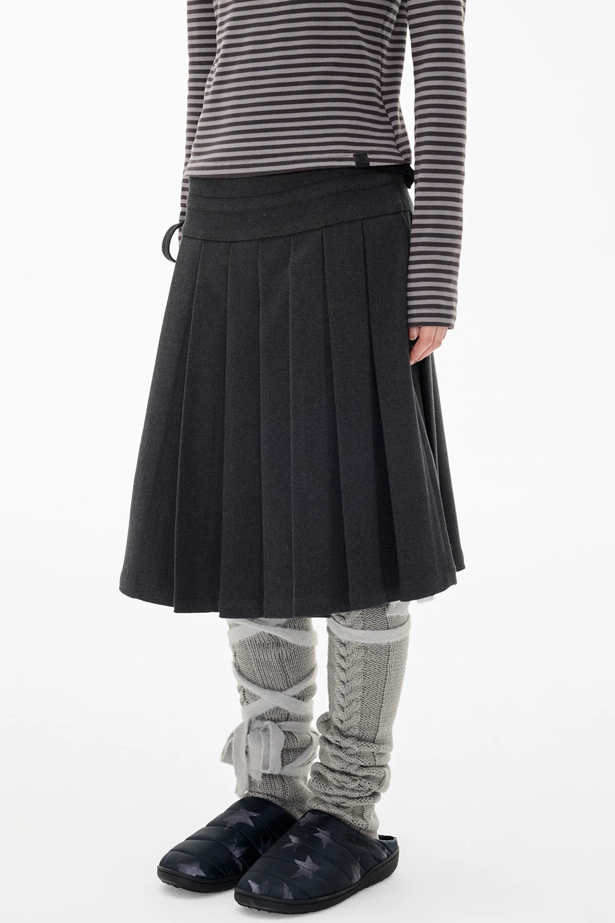 Double-Breasted Wool Coat and Pleated Skirt Set