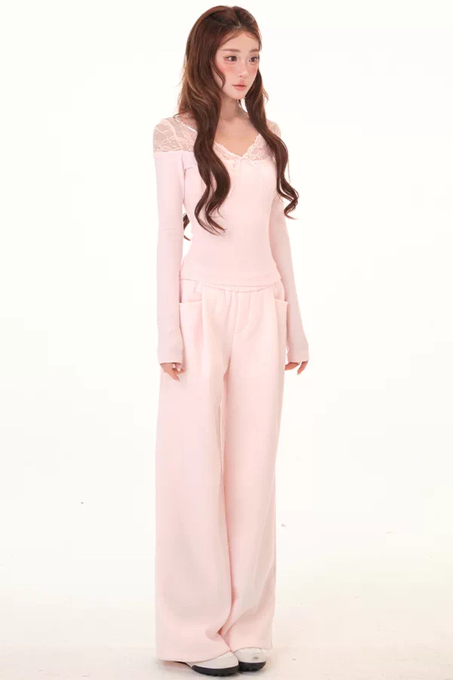 Lace Splice Fleece Shirt and Wide-Leg Sweatpants Set-Up