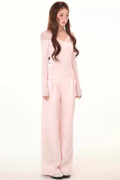 Lace Splice Fleece Shirt and Wide-Leg Sweatpants Set-Up