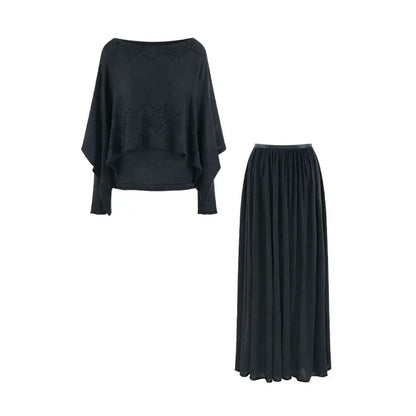 Three-Way Drape Collar Knit Shawl and Skirt Set