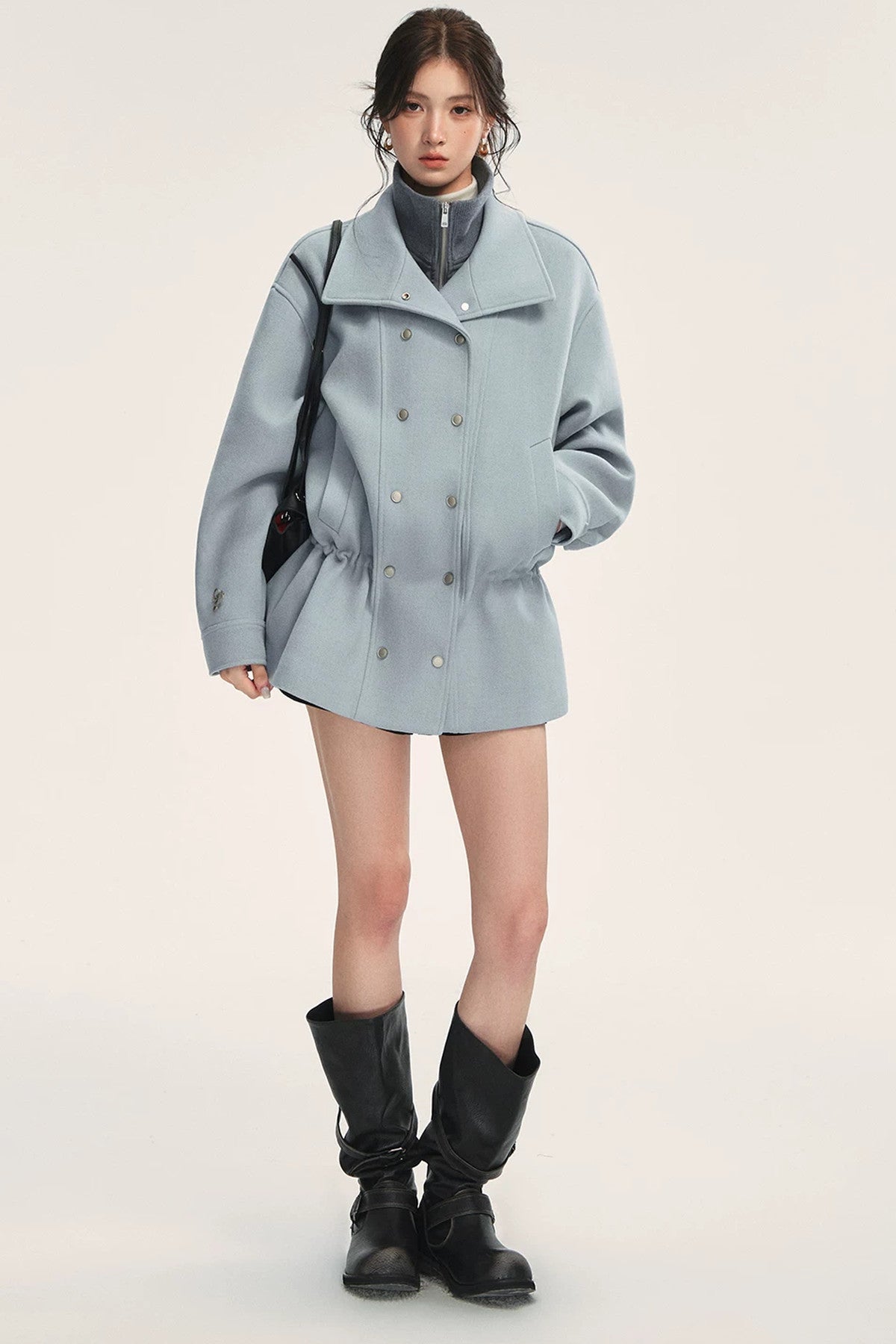 Blue Oversized Dropped Shoulder Double-Breasted Woolen Jacket