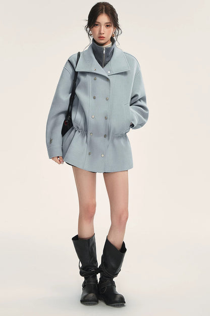 Blue Oversized Dropped Shoulder Double-Breasted Woolen Jacket